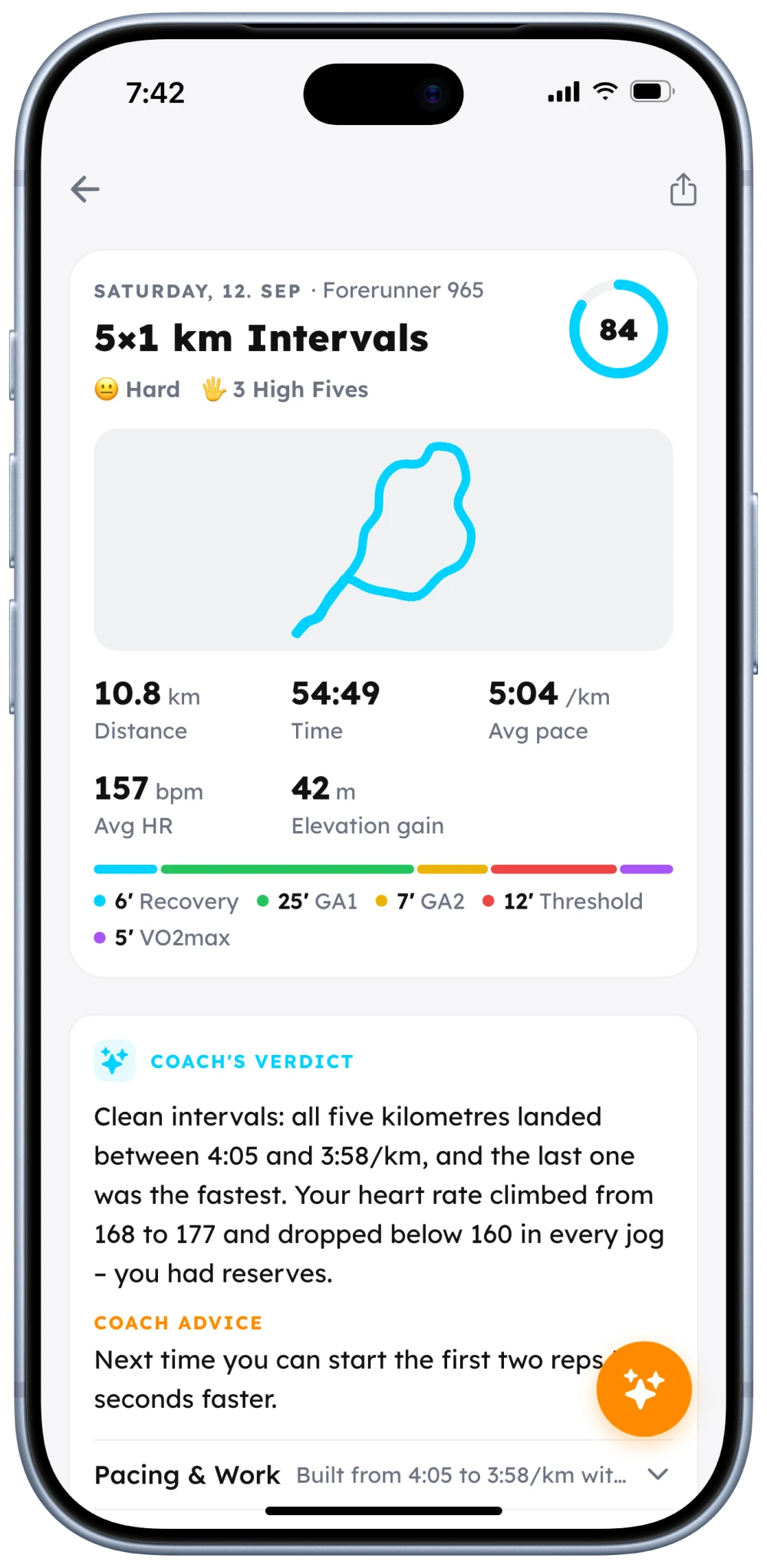 Workout analysis with route, key stats, time in HR zones and coach&rsquo;s verdict