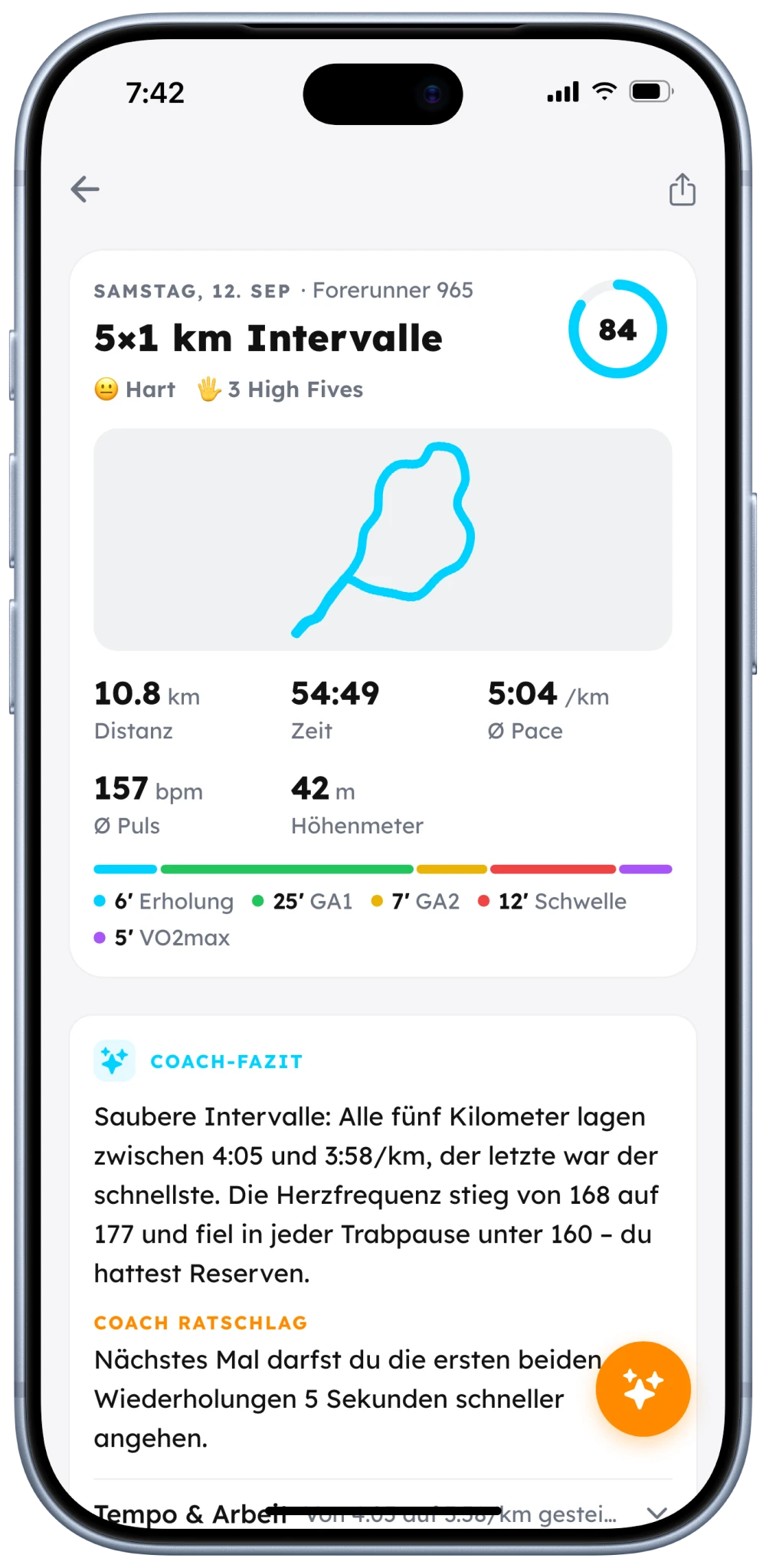 Trainingsauswertung mit Route, Kennzahlen, Zeit in den HF-Zonen und Coach-Fazit