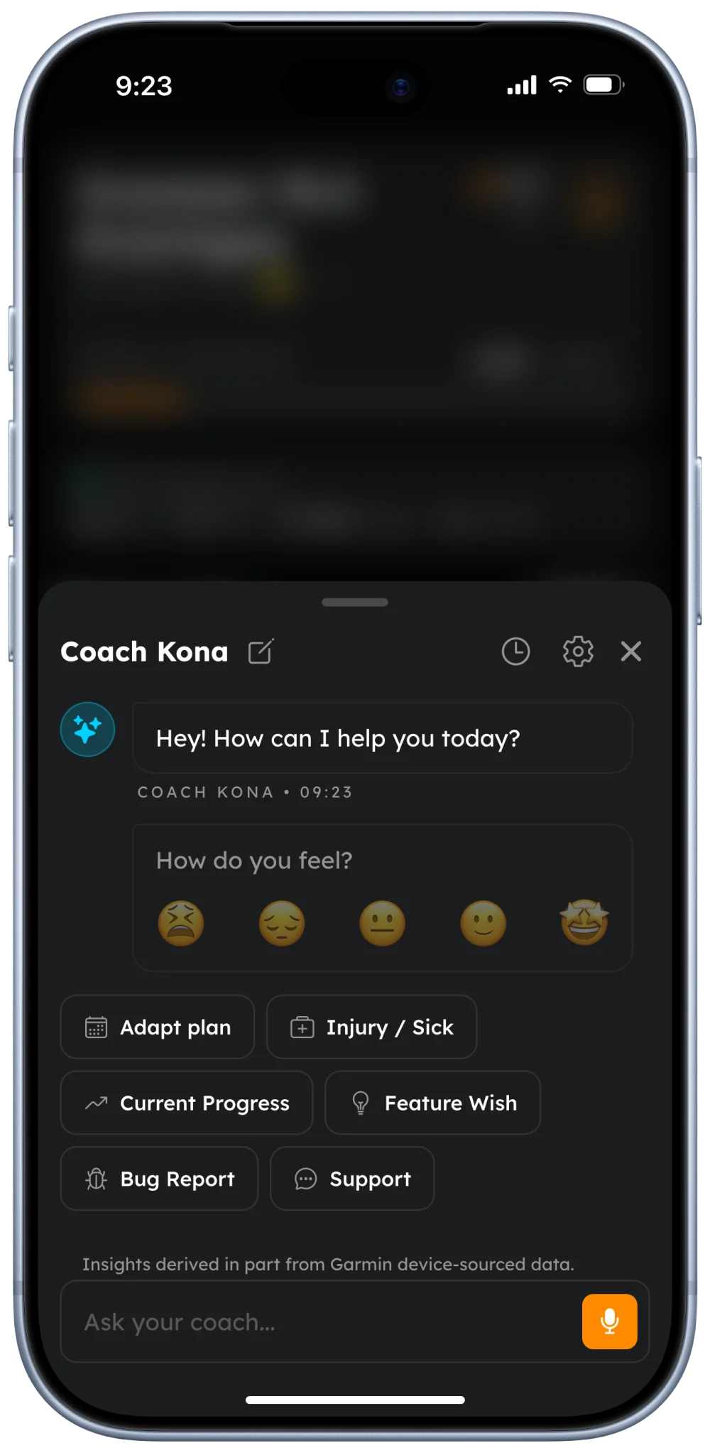 RaceMind app &ndash; coach chat with quick actions