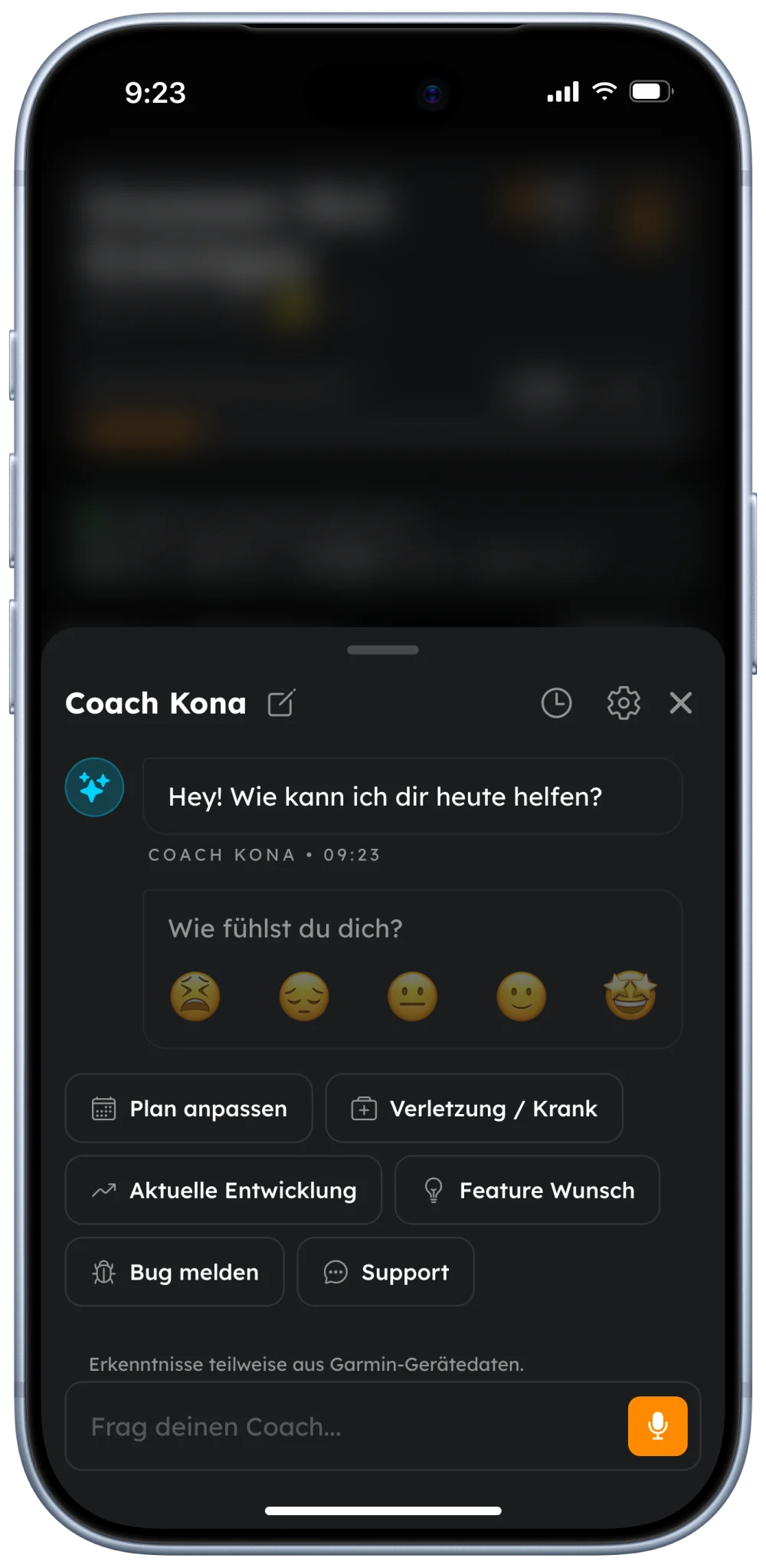 RaceMind App &ndash; Coach-Chat mit Quick Actions