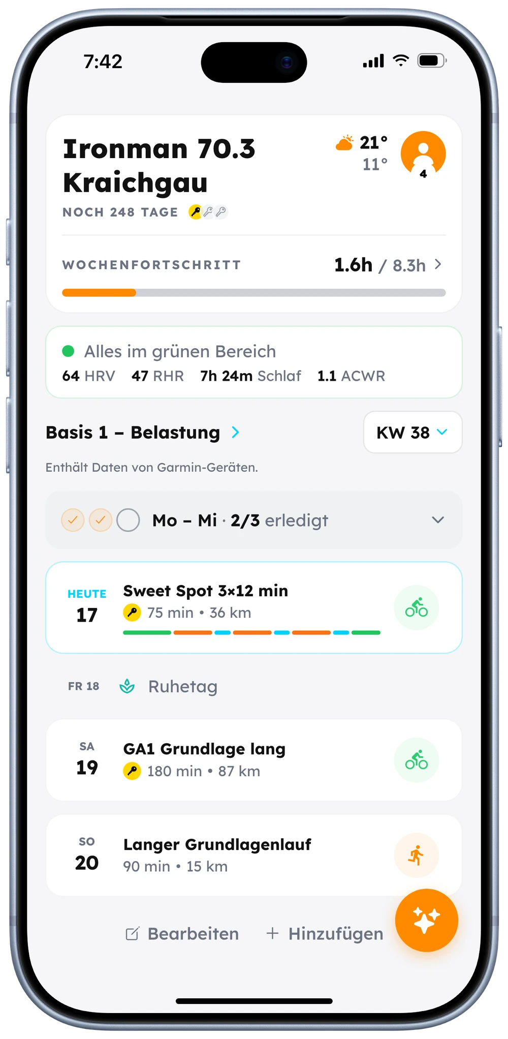 RaceMind App &ndash; Home mit Renn-Countdown, Wochenfortschritt und Einheiten der Woche