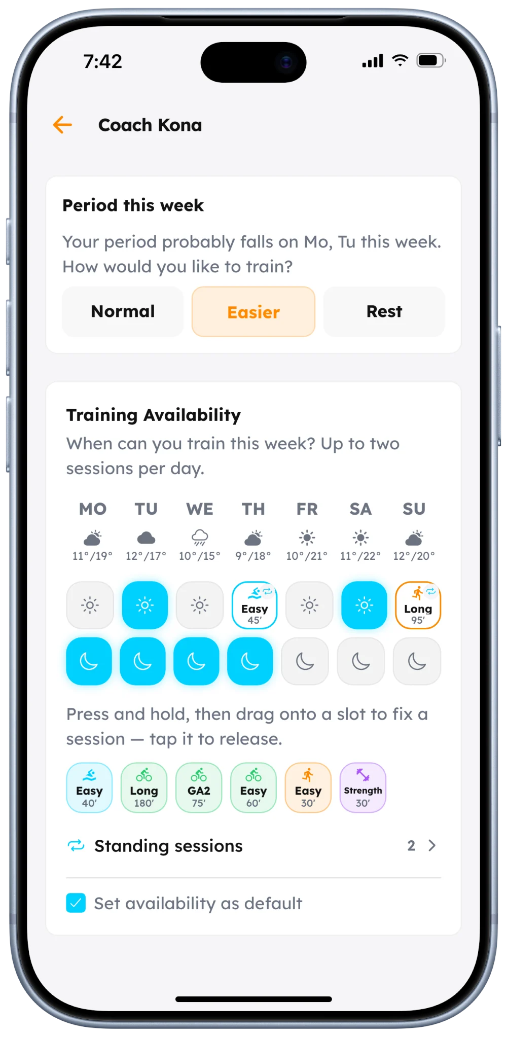 Week planner with training availability, fixed sessions and this week&rsquo;s period