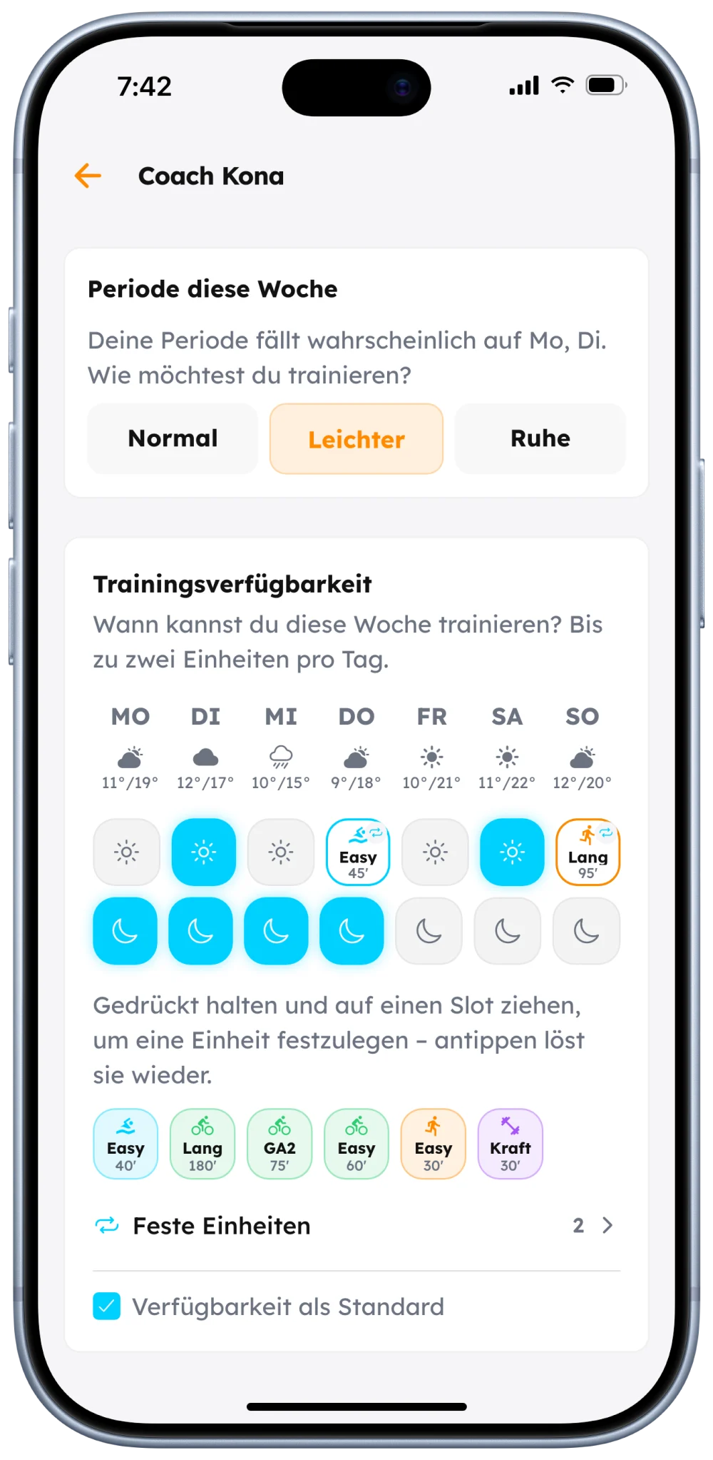 Wochenplaner mit Trainingsverf&uuml;gbarkeit, festen Einheiten und Periode diese Woche