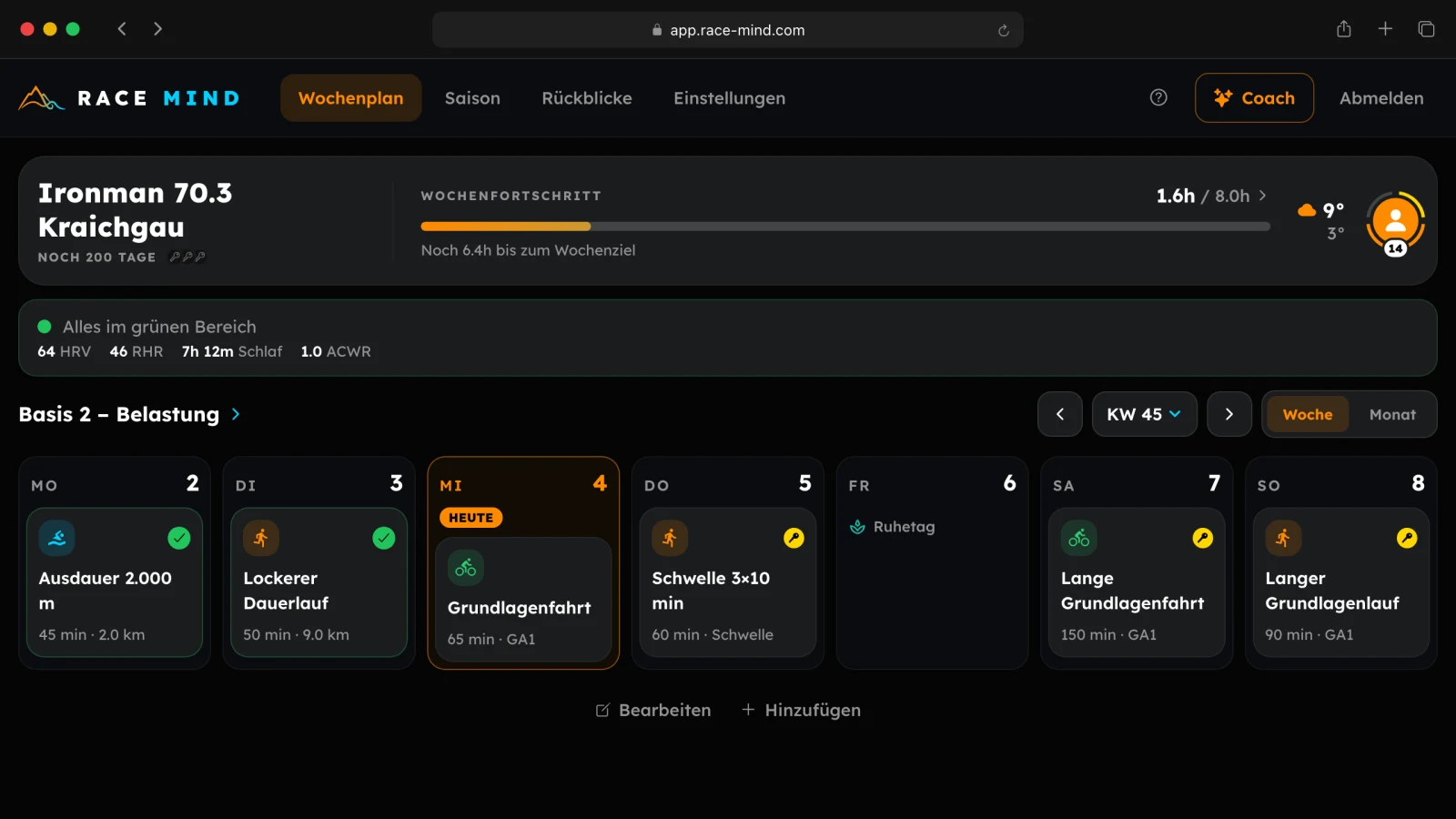 RaceMind im Browser, dunkel: Wochenplan als Raster aller Tage mit Wochenfortschritt und Readiness