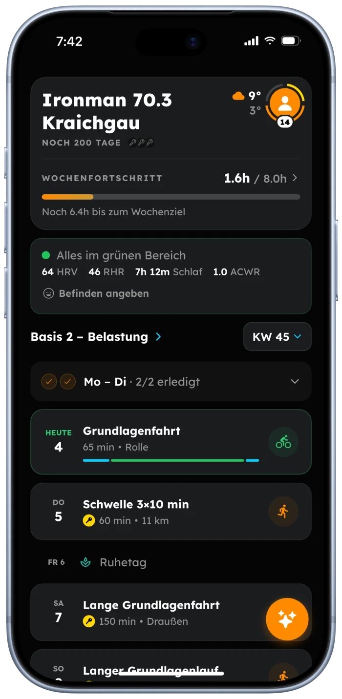 RaceMind am Handy, dunkel: Startseite mit Rennen, Wochenfortschritt und den Einheiten der Woche