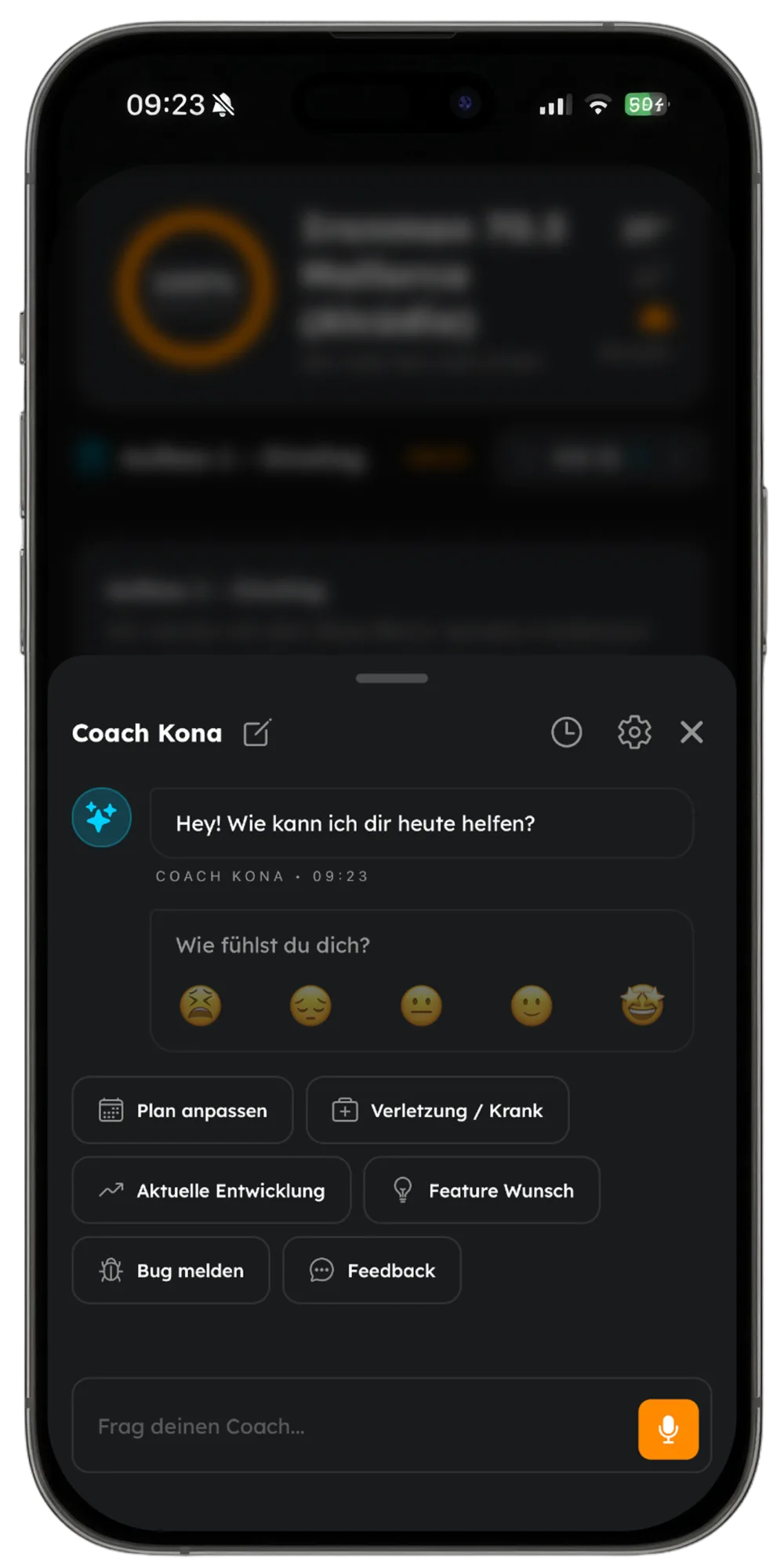 RaceMind App &ndash; Coach-Chat mit Quick Actions