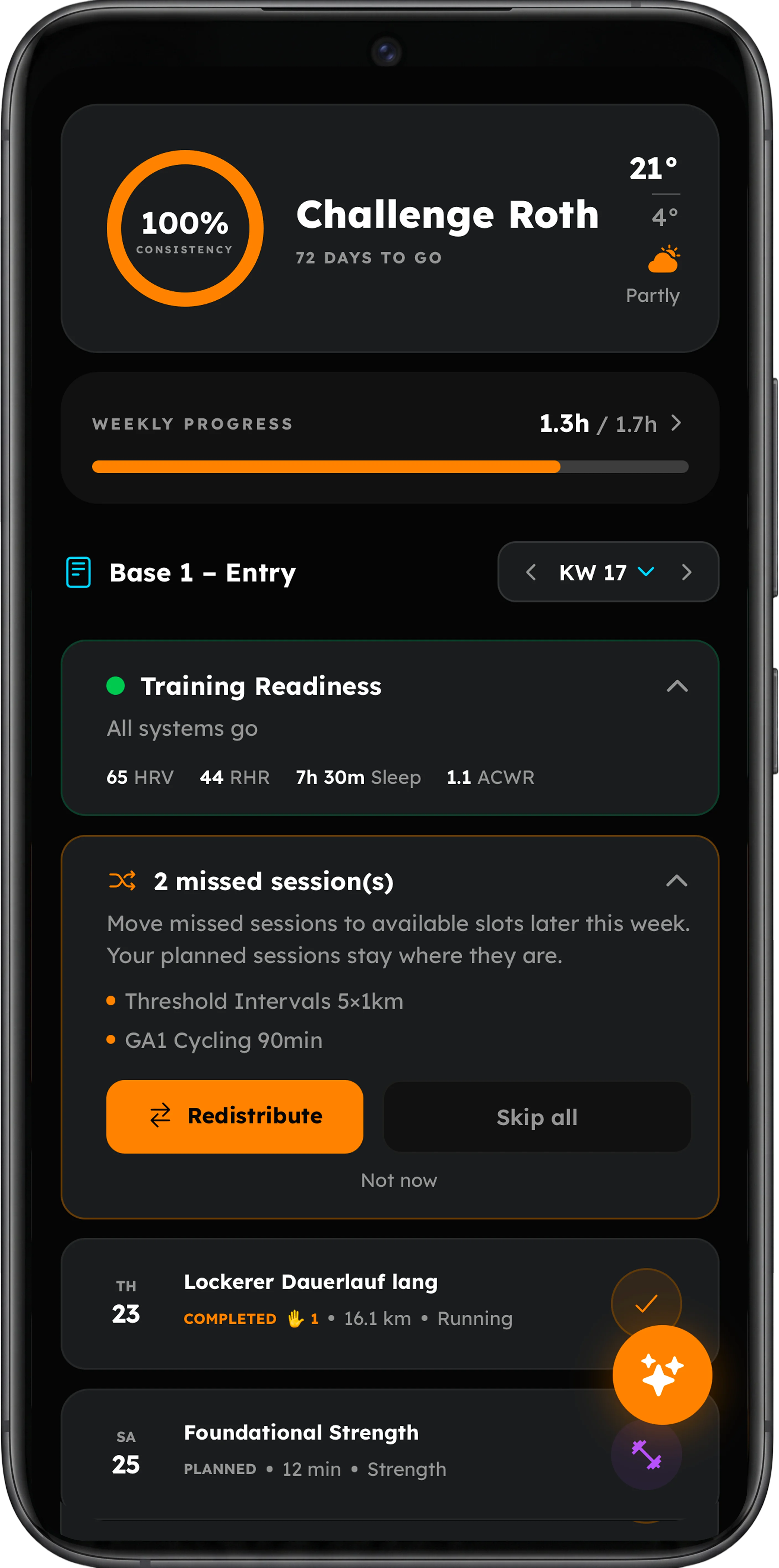 RaceMind App &ndash; weekly plan with training overview