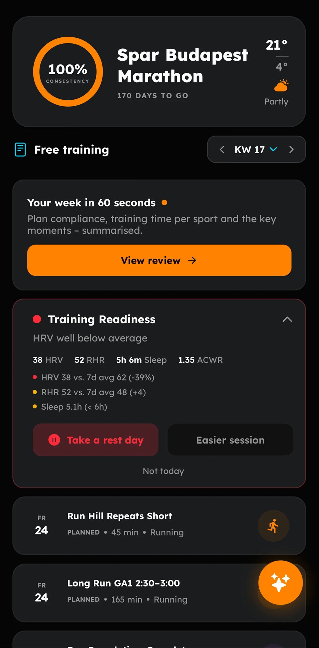 Training Readiness with rest day recommendation