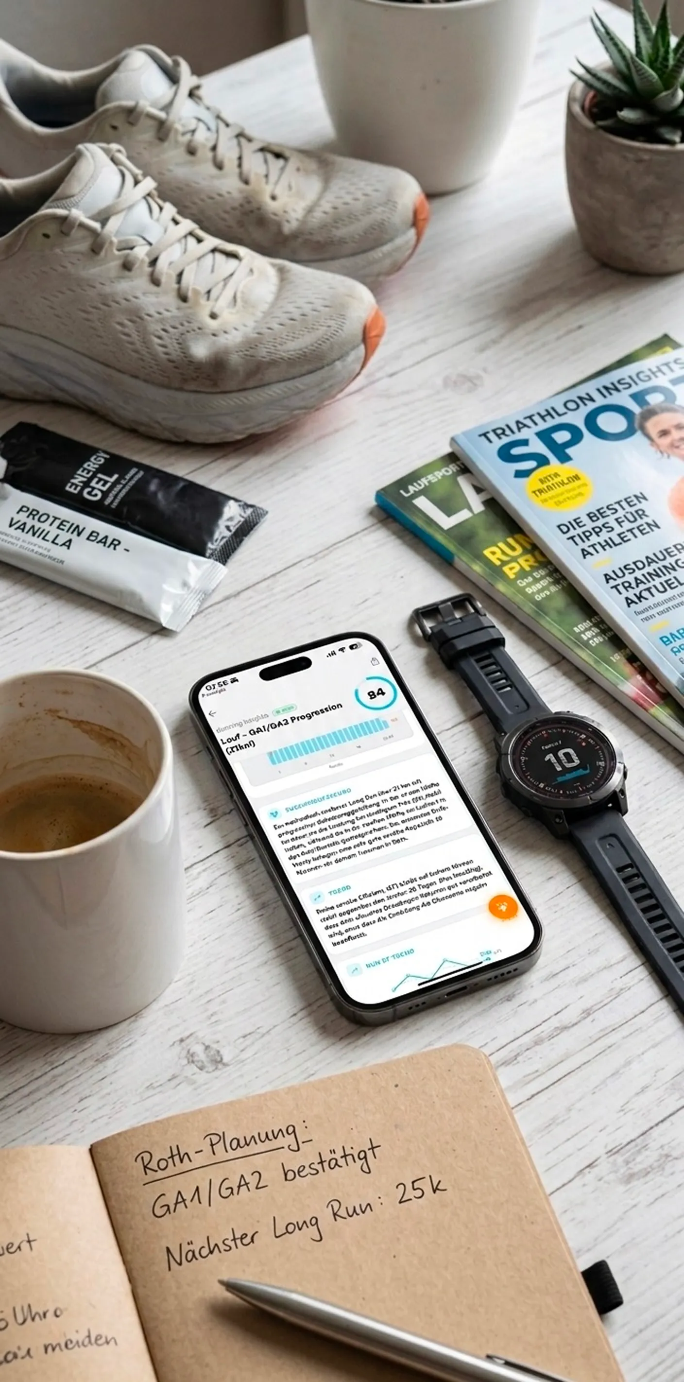 Race Mind App mit Laufschuhen und Trainingsnotizen