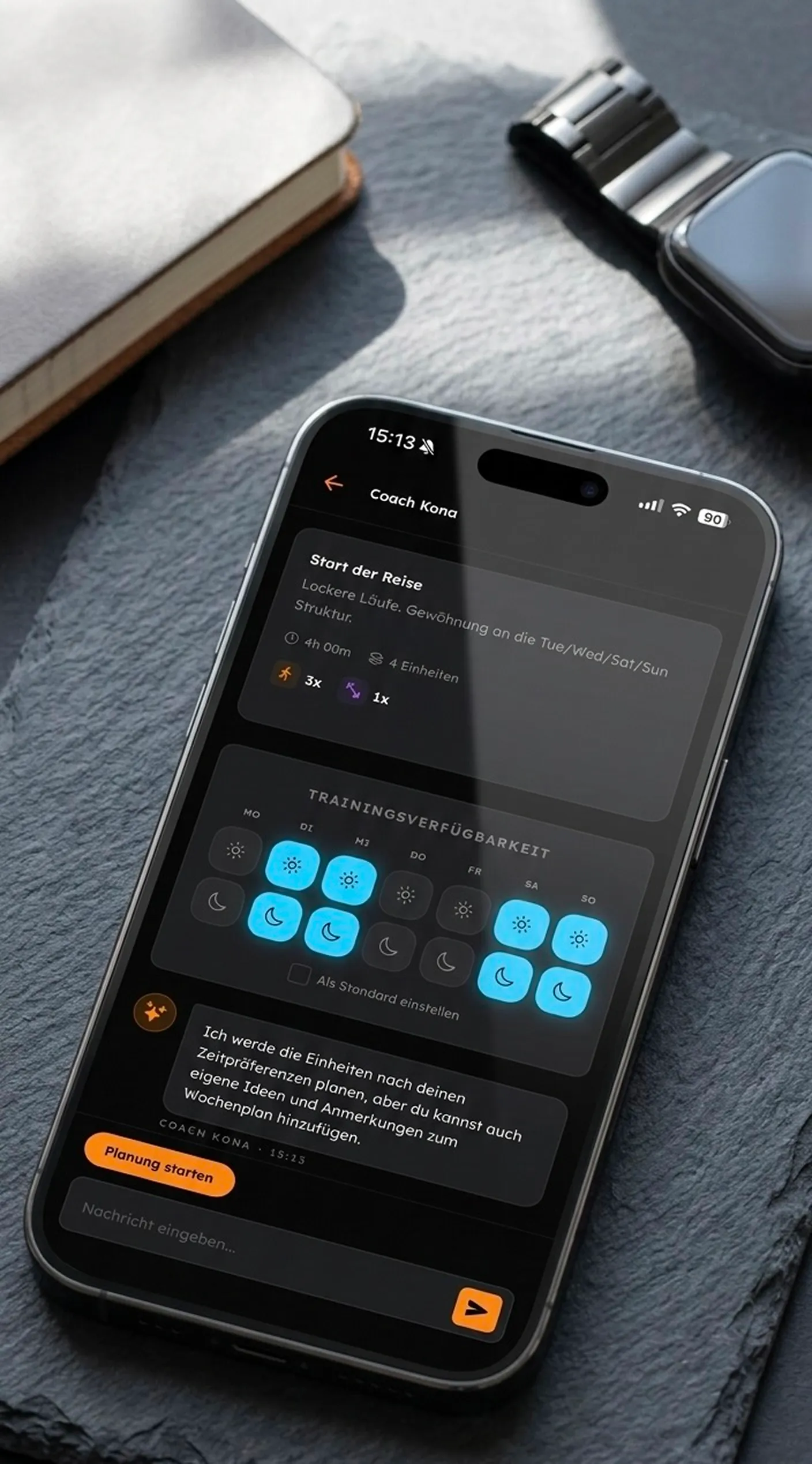 Race Mind App auf dunklem Hintergrund mit Wochenplanung